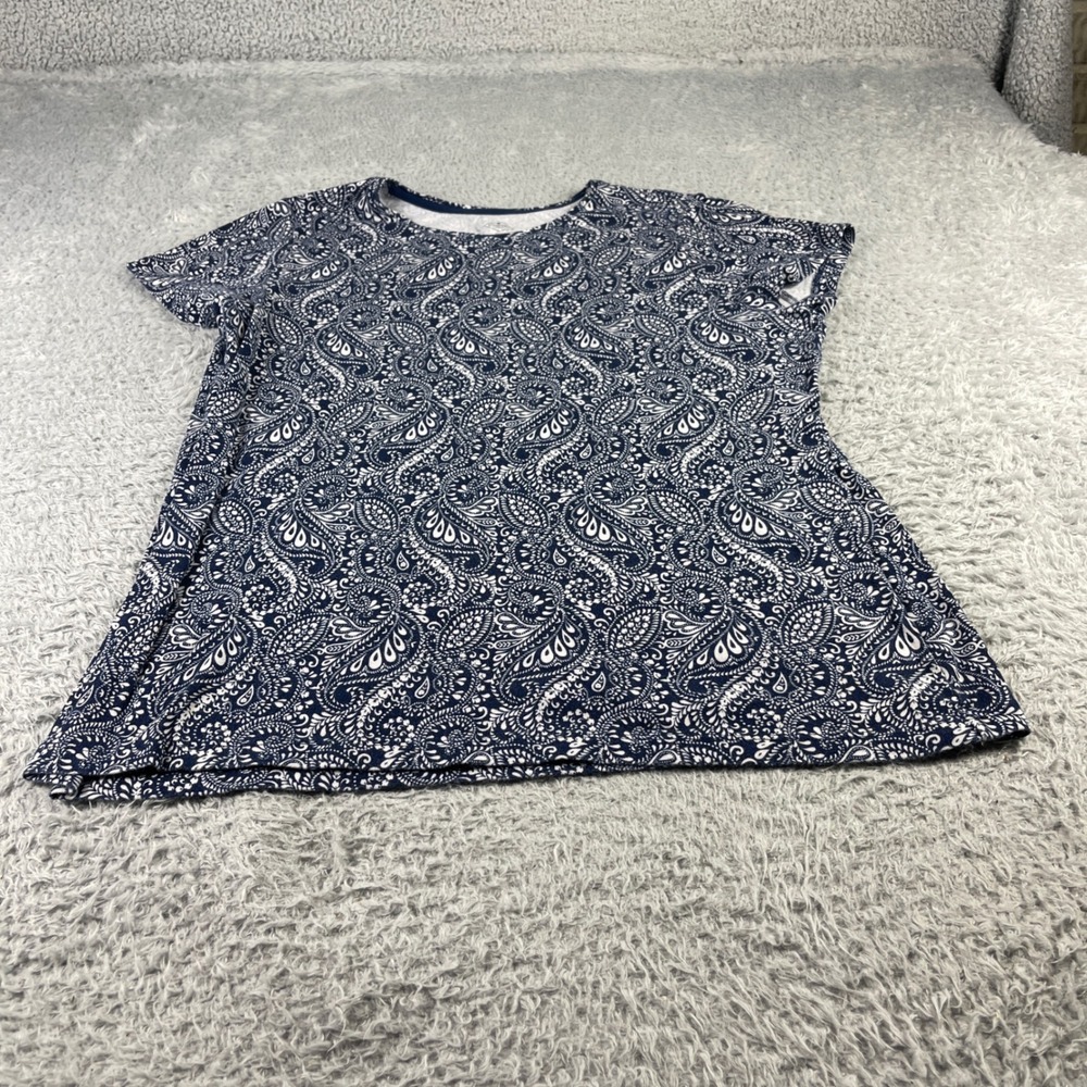 St Johns Bay Womens 1X Paisley T-Shirt Navy Blue White 100% Cotton Short Sleeve